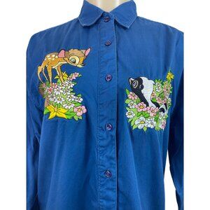 Vintage Mickey Inc Bambi & Flower Embroidered Blue Button-Up Shirt Size L